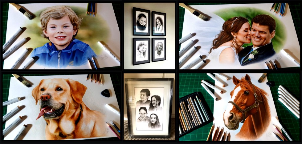 Pencil Portraits Art and Portraiture Drawings Commissions by The Cartist Clive Botha of Children, Kids, Couples People, Pets, Families, Weddings for clients in the USA, UK, Canada, Australia, Europe, South Africa 