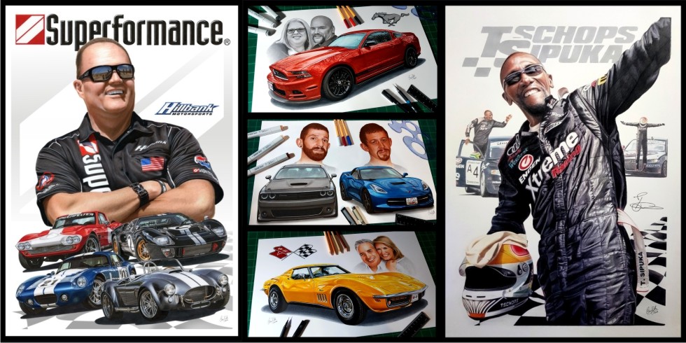 Automotive Pencil Portrait Art Commissions by The Cartist Clive Botha for clients in the USA, UK, Canada, Australia, Europe, South Africa